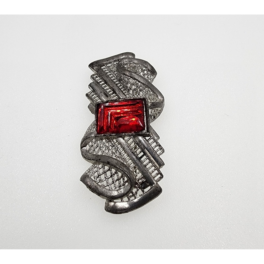 Vintage Little Nemo LN Brooch Art Deco Red Glass Filigree Silver Tone 1930s - Picture 8 of 15
